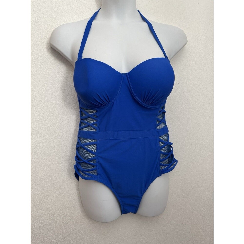 Coral Tropics By Apollo Swimwear One Piece Womens Size 2X Blue Lace Up Mesh Cut